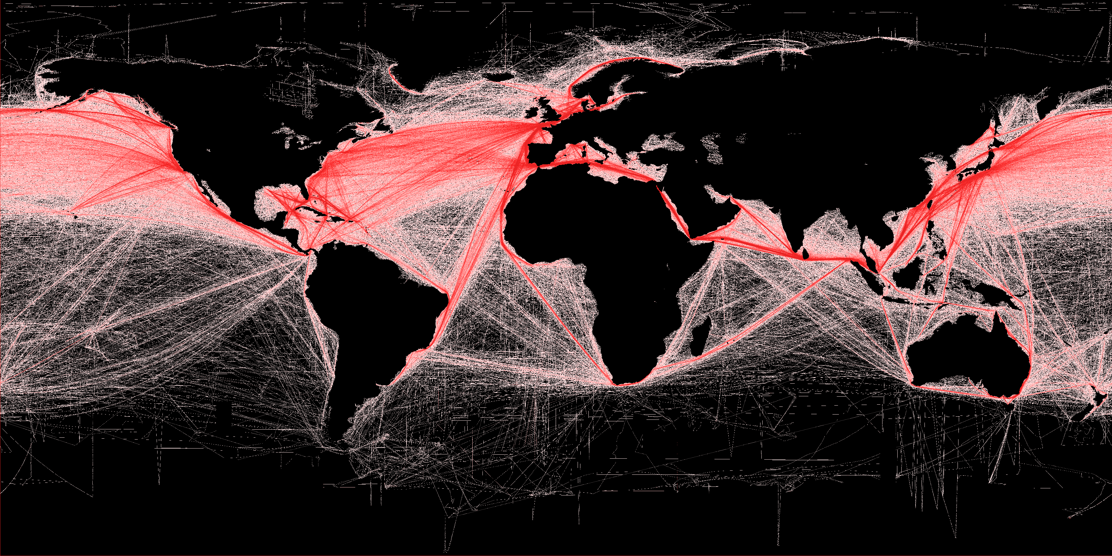 Historical global map showing commercial ship traffic density and major maritime routes